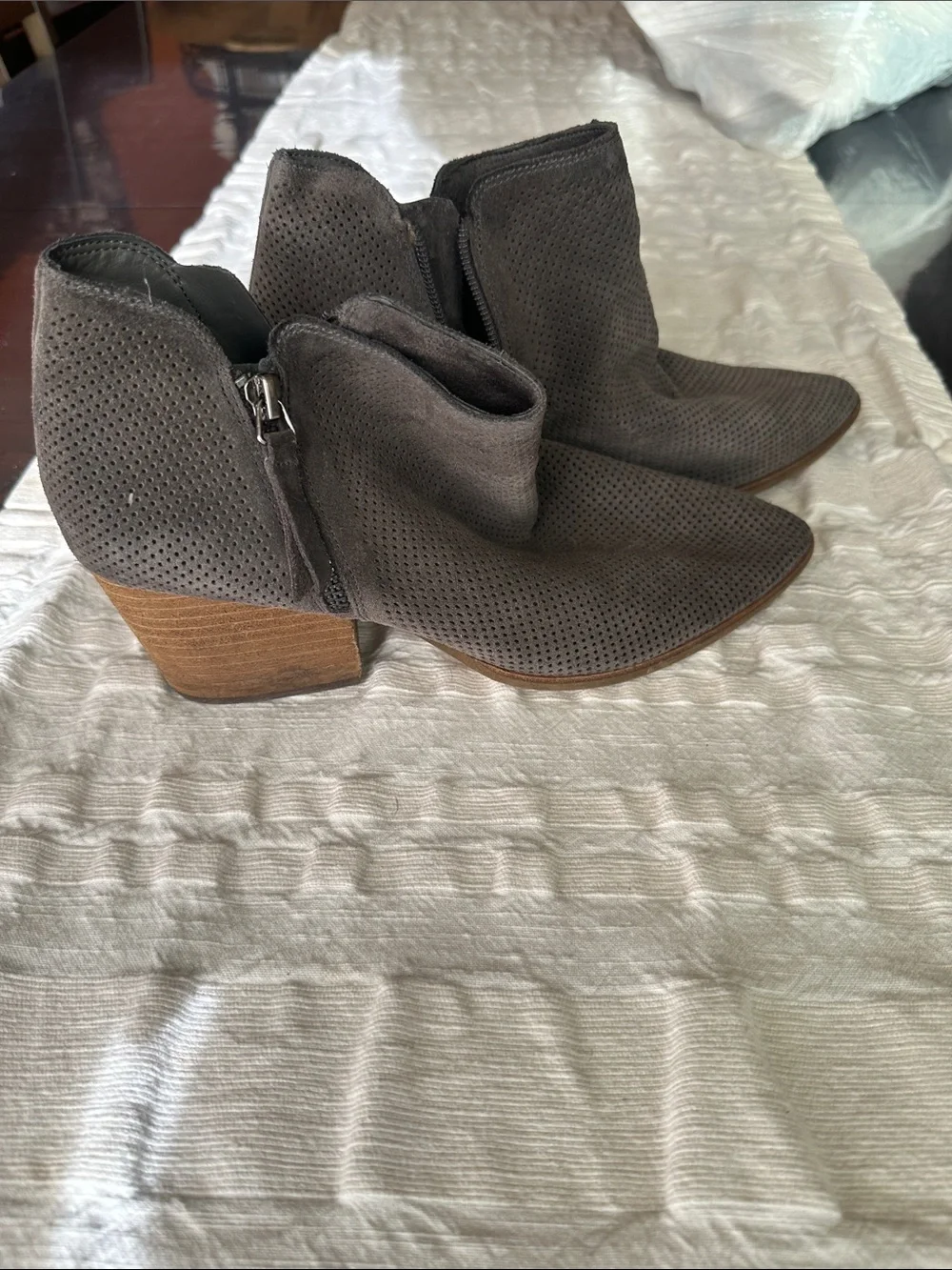 Vince Camuto Perforated Gray Suede Ankle Booties
